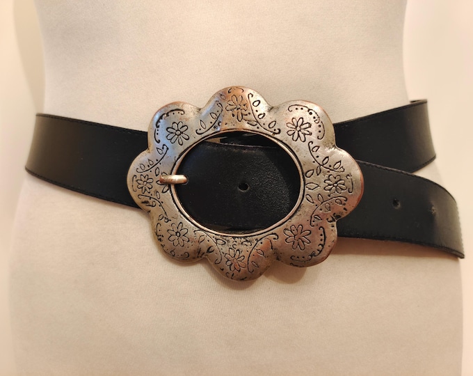90's Vintage Black Real Leather Belt With Big Silver Metal Buckle