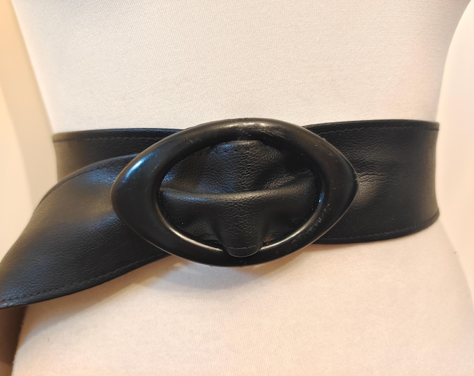 80's Vintage Wide Black Faux Leather Adjustable Belt