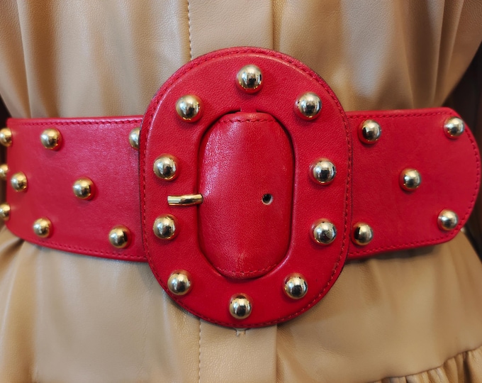 90's Vintage Wide Red Real Leather Studded Belt