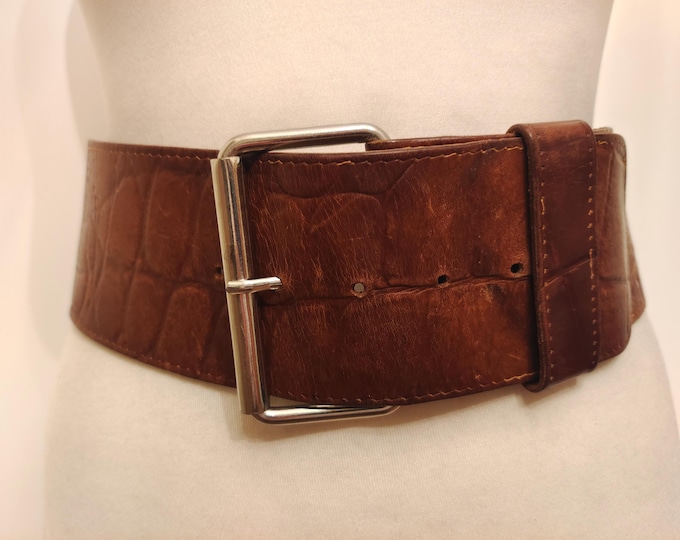 90's Vintage Wide Brown Real Leather Crocodile Pattern Belt