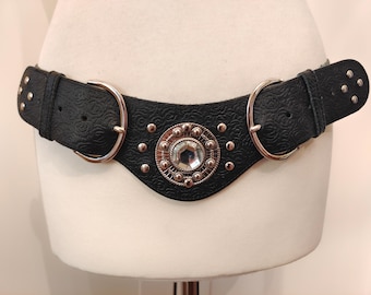 80's Vintage Wide Black Real Leather Double Buckle Belt