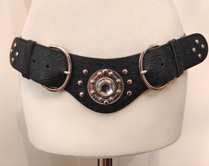 80's Vintage Wide Black Real Leather Double Buckle Belt