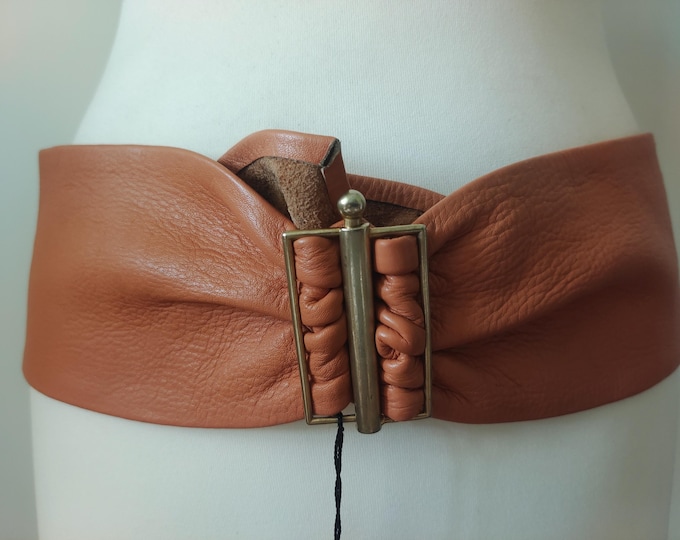 Wide Peach Leather Belt by Mango Made In Spain