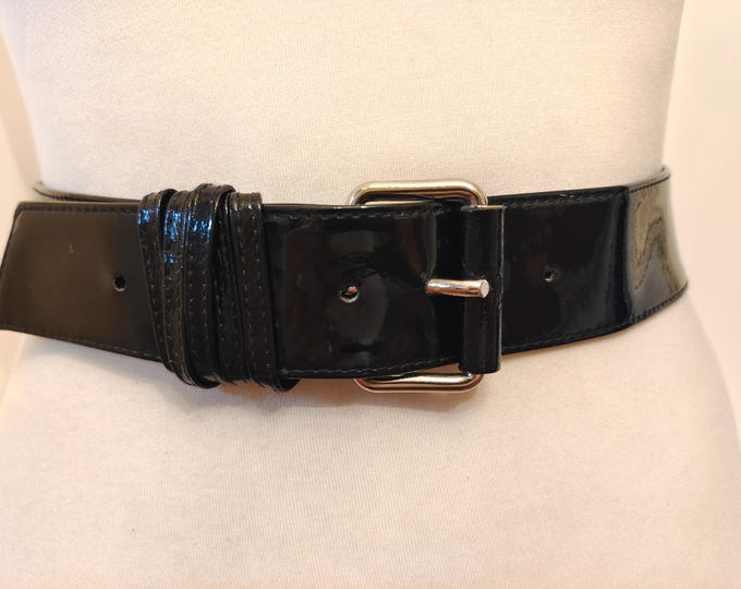 80's Vintage Wide Black Faux Leather Patent Belt