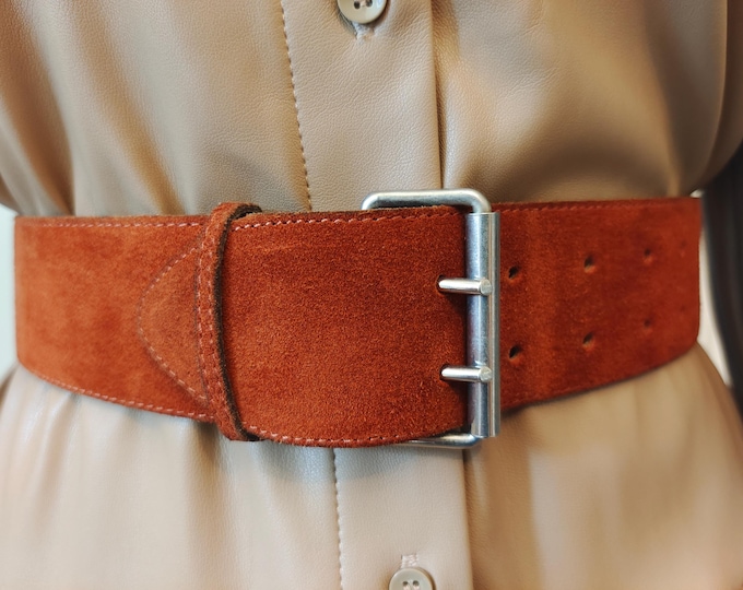 90's Vintage Brown Velour Double Prong Belt Made in France
