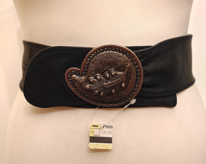 Wide Black Real Leather Vintage 80's Belt With Big Silver Oak Leave Buckle