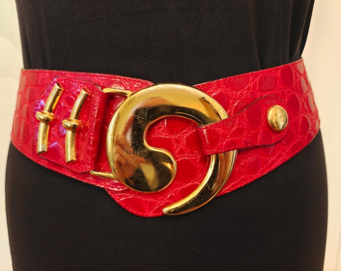 80's Vintage Wide Red Real Leather Belt With Golden Metal Buckle Made in France