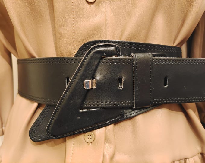 90's Vintage Black Real Leather Belt With Big Buckle