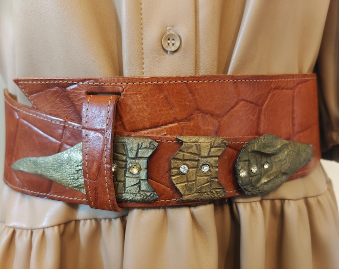 90's Vintage Wide Brown Real Leather Belt With Crocodile Buckle