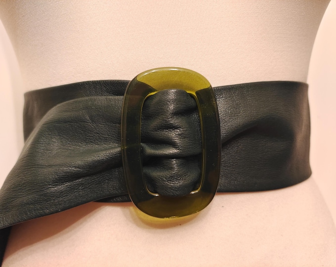 80's Vintage Wide Green Real Leather Adjustable Belt