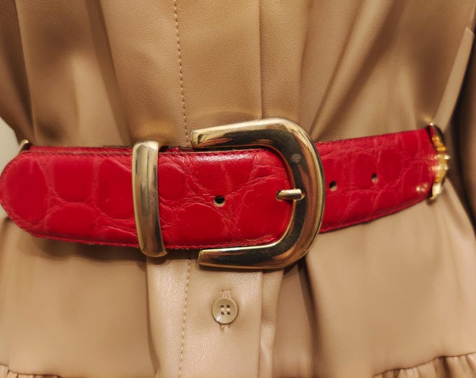 90's Vintage Red Real Leather Belt With Golden Metal Elements