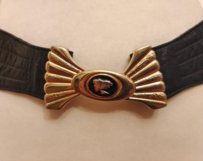 80's Vintage Black Real Leather Belt With Golden Buckle Made in Italy