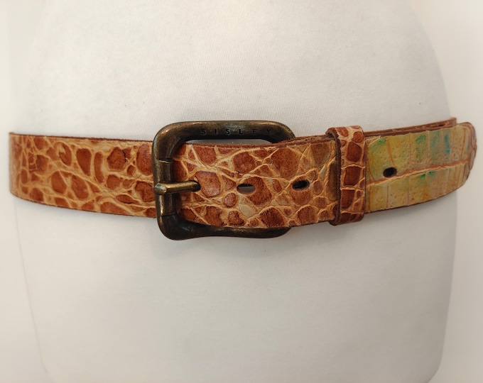 Regular Crocodile Skin Pattern Real Leather Belt by Sisley Made in Italy