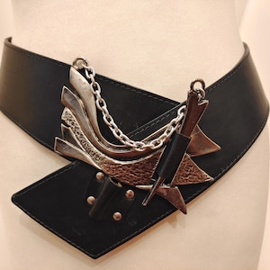 80&#39;s Vintage Wide Black Real Leather Belt With Silver Metal Buckle