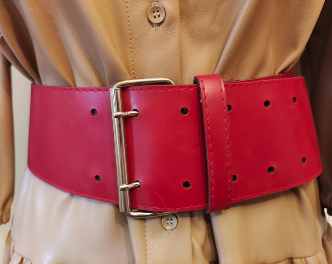 90's Vintage Wide Red Faux Leather Double Prong Belt Made in France