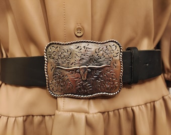 Black Real Leather Belt With Big Silver Metal Buckle by Hallhuber