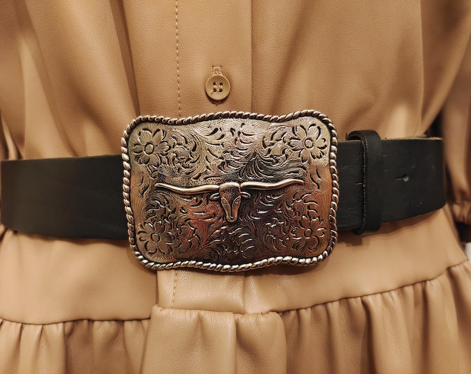 Black Real Leather Belt With Big Silver Metal Buckle by Hallhuber