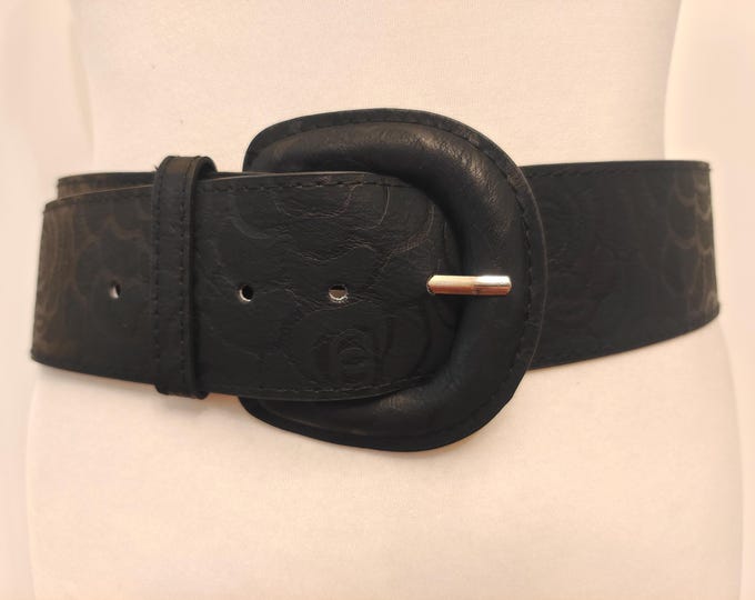 Wide Black Embossed Faux Leather Belt by Lazzarini