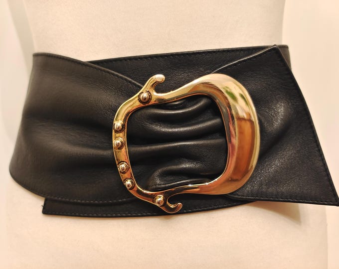 90's Vintage Extra Wide Black Real Leather Belt With Golden Metal Buckle
