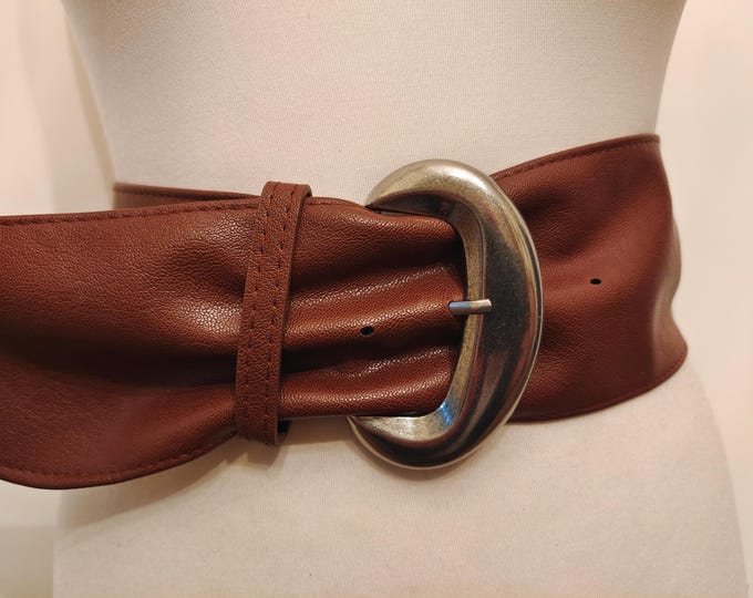 Wide Brown Faux Leather Belt With Silver Metal Buckle
