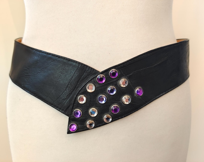 80's Vintage Black Real Leather Belt With Gems