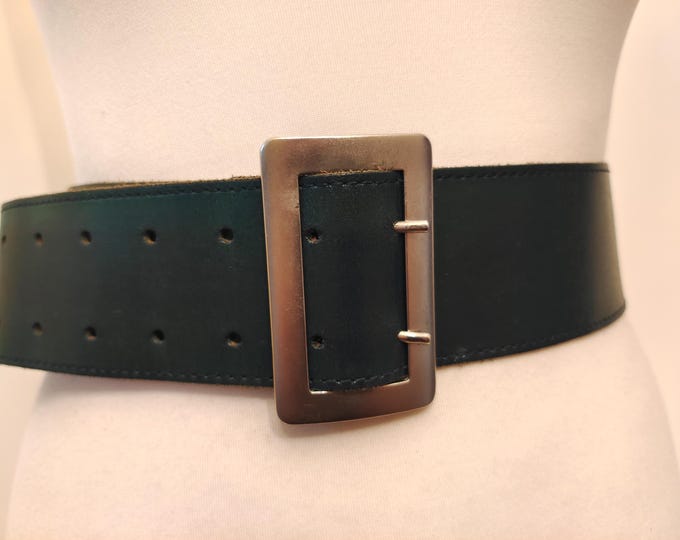 80's Vintage Wide Dark Green Real Leather Double Prong Belt