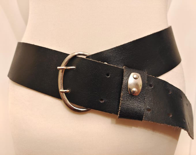 90's Vintage Wide Black Real Leather Belt With Silver Metal Buckle