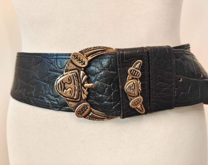 80's Vintage Wide Black Real Leather Belt With Golden Metal Buckle
