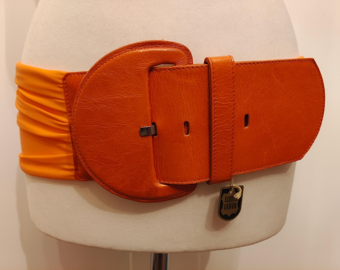 Extra Wide Orange Real Leather & Fabric Elastic Belt With Big Leather Buckle
