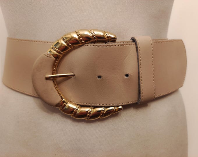 80's Vintage Wide Beige Real Leather Belt With Golden Metal Buckle