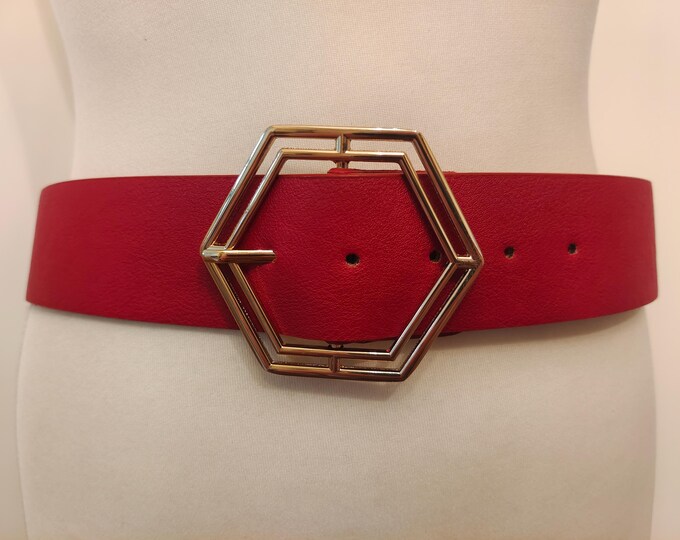 Wide Red Faux Leather Belt With Golden Metal Buckle by Lazzarini