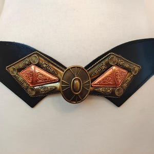 80&#39;s Vintage Black Wide Real Leather Belt With Brass Ornaments Buckle