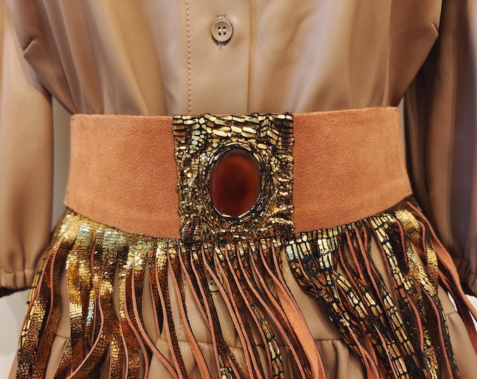 Wide Brown & Golden Elastic Leather Belt