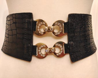 Black Extra Wide Elastic Rubber & Faux Leather Belt
