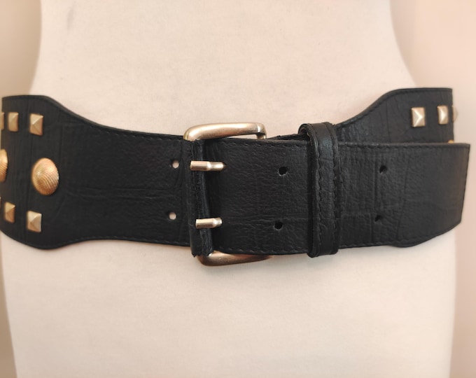 Wide Black Real Leather Studded Belt by Zara