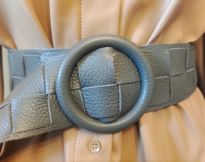 Wide Grey Real Leather Adjustable Belt With Ring Buckle