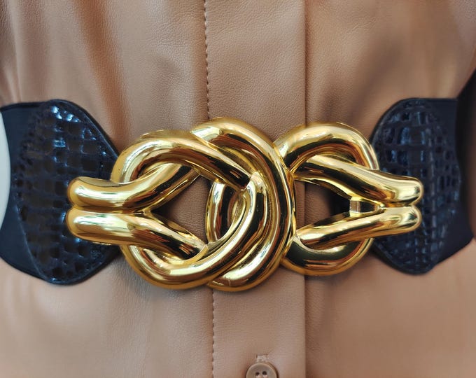 Wide Black Elastic Belt With Golden Metal Buckle