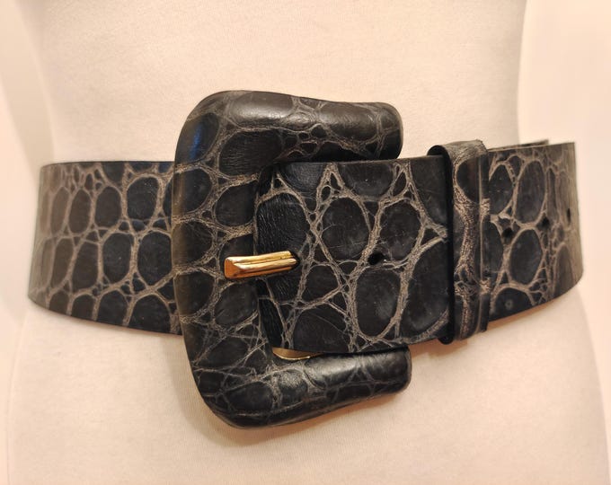 90's Vintage Wide Grey Real Leather Belt by Gio Gio Made in Italy