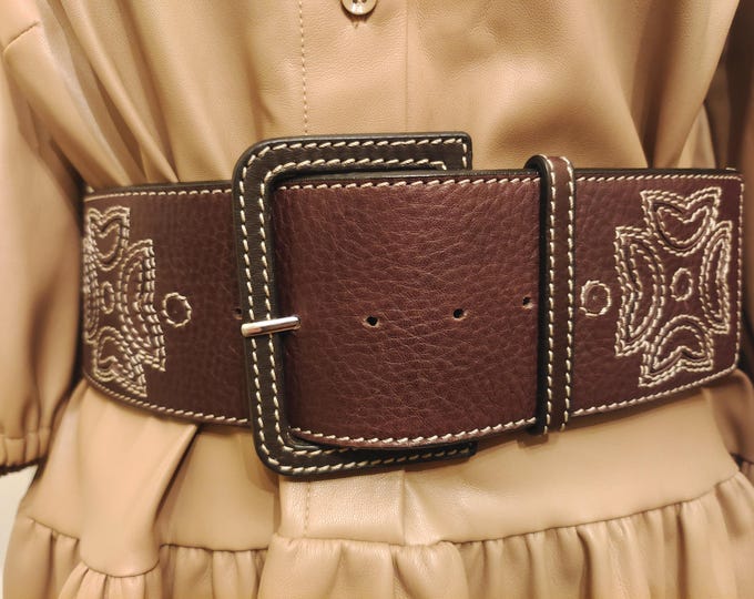 Wide Brown Real Leather Belt by Max Mara