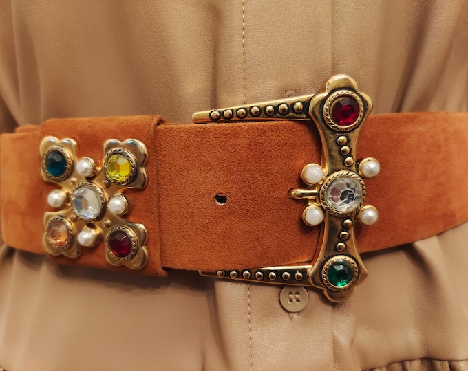 90's Vintage Brown Real Suede Leather Belt With Golden Metal Gems Buckle