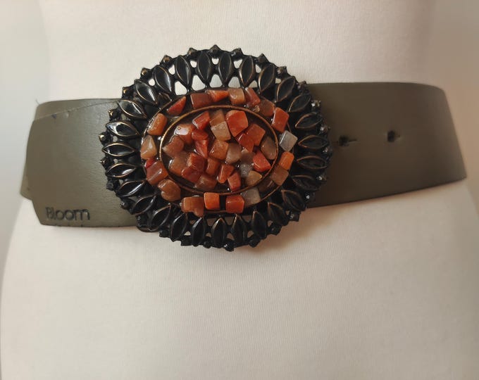 Green Sage Genuine Leather Belt With Gems Buckle by Bloom Made In Italy