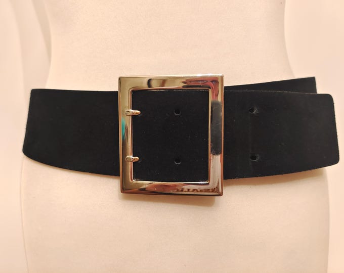 Wide Black Belt With Silver Buckle Made in France