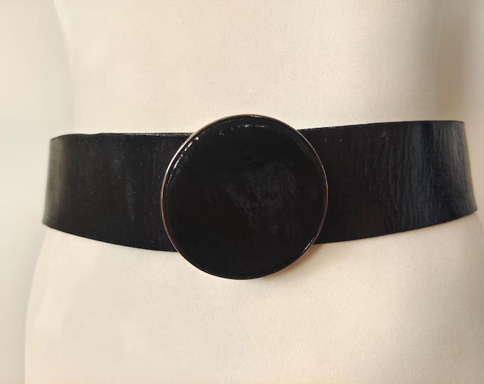 Black Real Leather Belt With Round Buckle by Solar