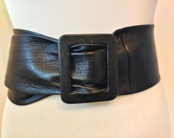 90's Vintage Extra Wide Black Real Leather Adjustable Belt by Stephen Collins