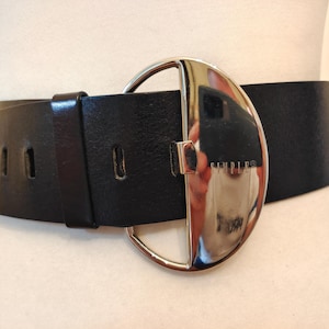 Wide Black Real Leather Belt With Big Silver Metal Buckle by Simple