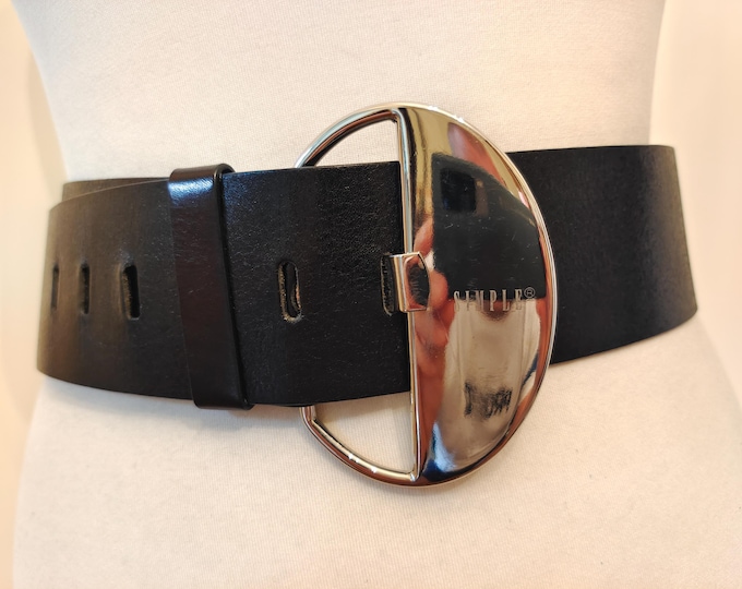 Wide Black Real Leather Belt With Big Silver Metal Buckle by Simple