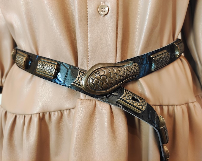 90's Vintage Black Real Leather Metal Snake Belt
