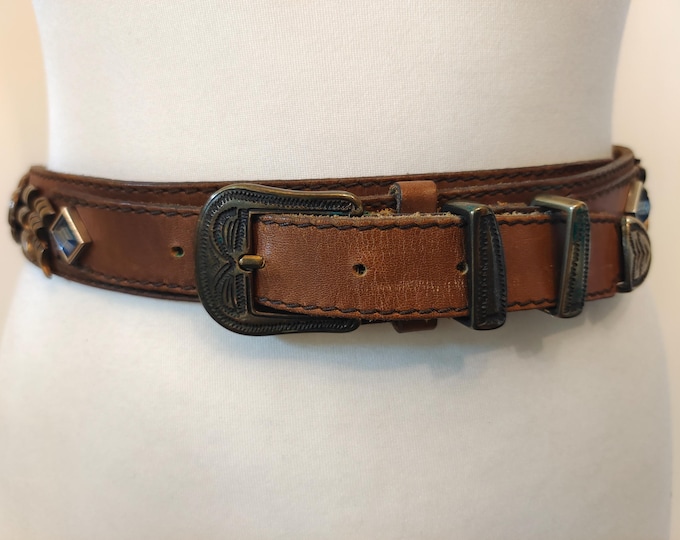 90's Vintage Brown Leather Heavy Belt With Gems & Metal Elements