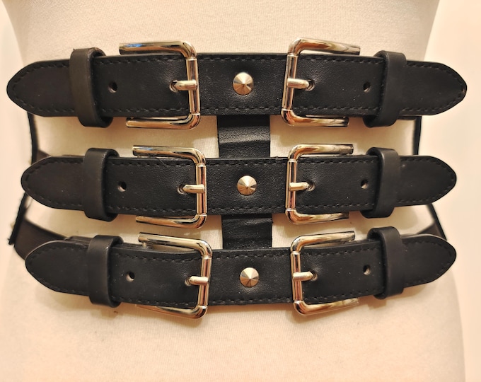 Extra Wide Black Elastic Faux Leather Triple Buckles Belt