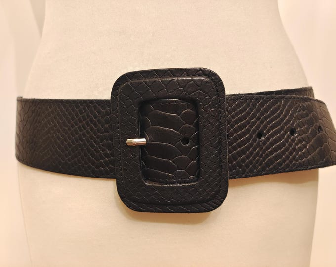 90's Vintage Wide Black Real Leather Belt by De Bijenkorf